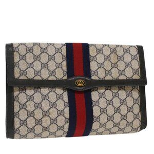 GUCCI GG Canvas Sherry Line Clutch Bag PVC Leather Red Navy gray Auth th3865